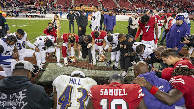 Dec 25, 2023; Santa Clara, California, USA; San Francisco 49ers and Baltimore Ravens players after the game at Levi's Stadium.